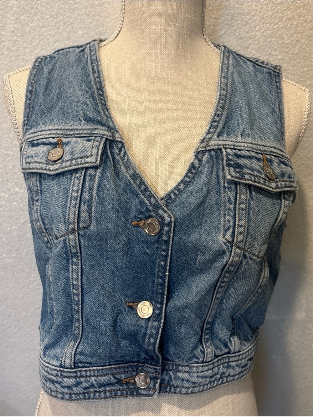 ZARA Women’s Denim Vest S Cropped Button Front Blue Jean Vest Y2K